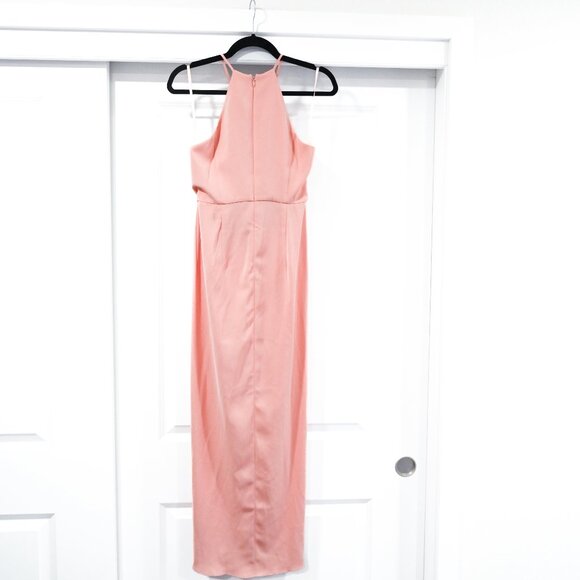 Shona Joy Size 2 Blush High Neck Gathered Faux Wrap Satin Maxi Dress - Picture 7 of 11